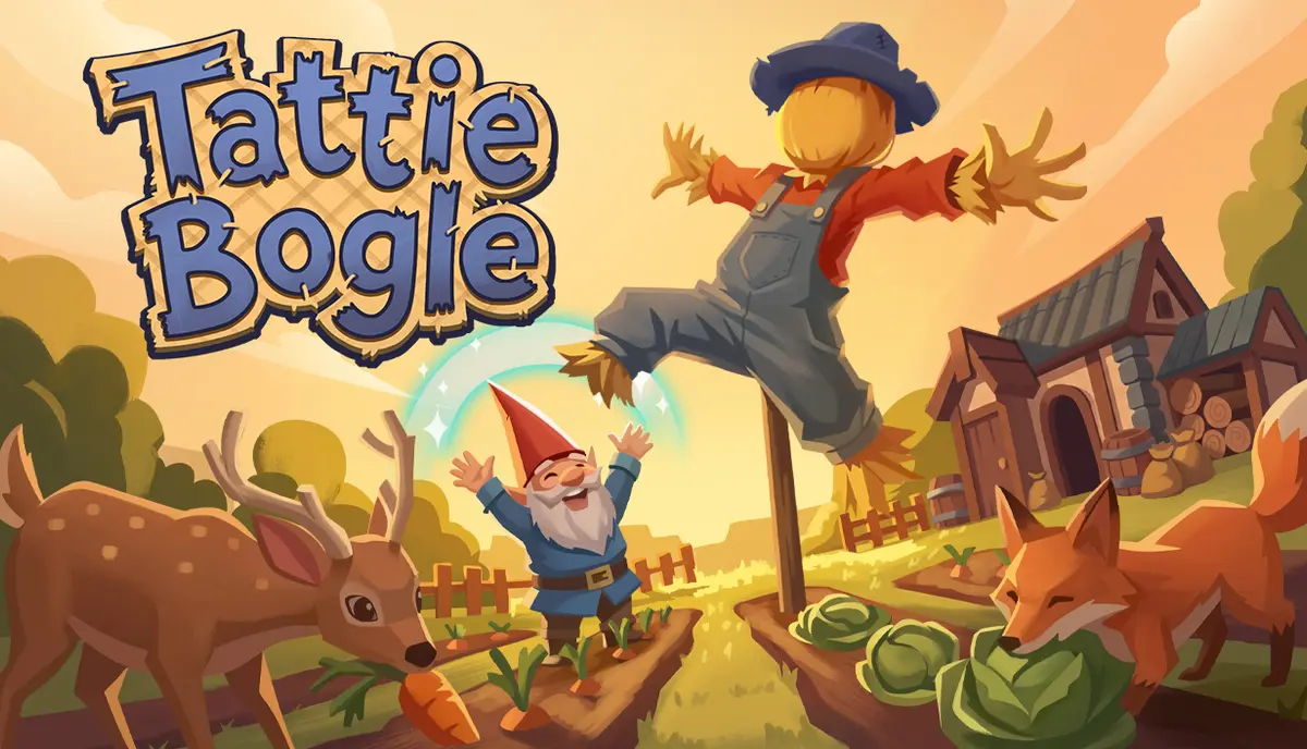 Official Tattie Bogle key art showing the enchanted scarecrow and farm