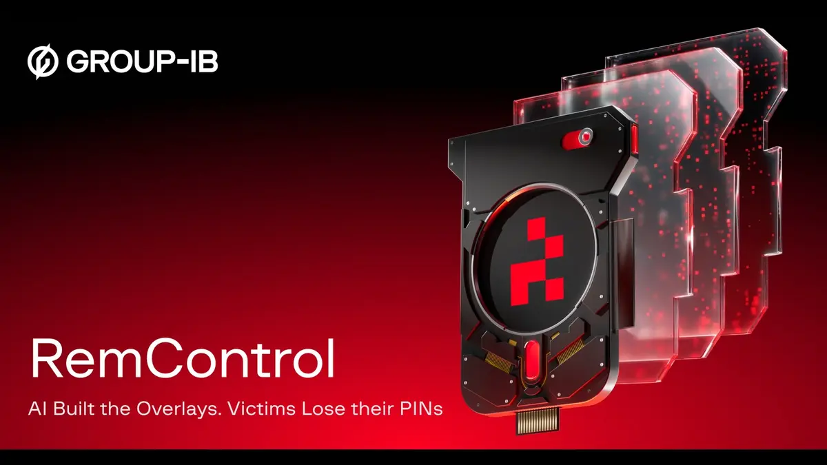Group-IB's report artwork on a black and red background: the Group-IB logo in white type, the word RemControl above the line AI Built the Overlays. Victims Lose their PINs, and a red-lit 3D circuit board device with a pixel skull on its face.