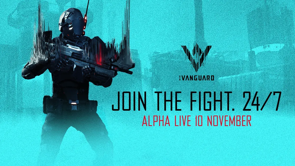 EVE Vanguard promotional art: a black-armoured Warclone in a helmet fires a rifle, vertical shafts of light rising beside him, with the Vanguard emblem and the text 'Join the fight. 24/7 - alpha live 10 November' on a teal background.