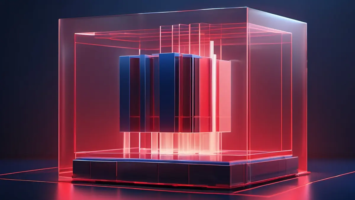 Abstract editorial illustration of a modular stack of translucent interchangeable layers, linked by fine circuit traces and rising from a solid base block.