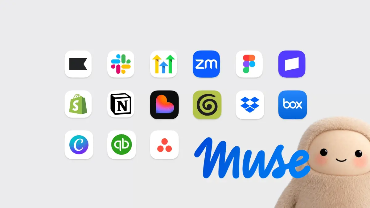 Meta graphic for Muse for Small Business showing a grid of partner app icons, including Slack, Zoom, Shopify, Notion, Canva, Figma, Dropbox, Box and QuickBooks, above the handwritten Muse wordmark and the plush Muse mascot.