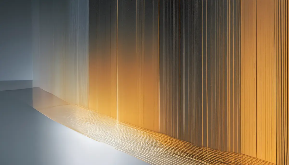 An abstract illustration of fine ribbons of amber light threading through a dark wall of frosted panels