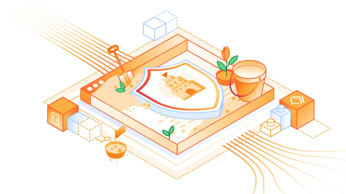 Cloudflare blog illustration of its rebuilt Containers runtime, showing layered orange cubes and tiles arranged around a small house and a shield.