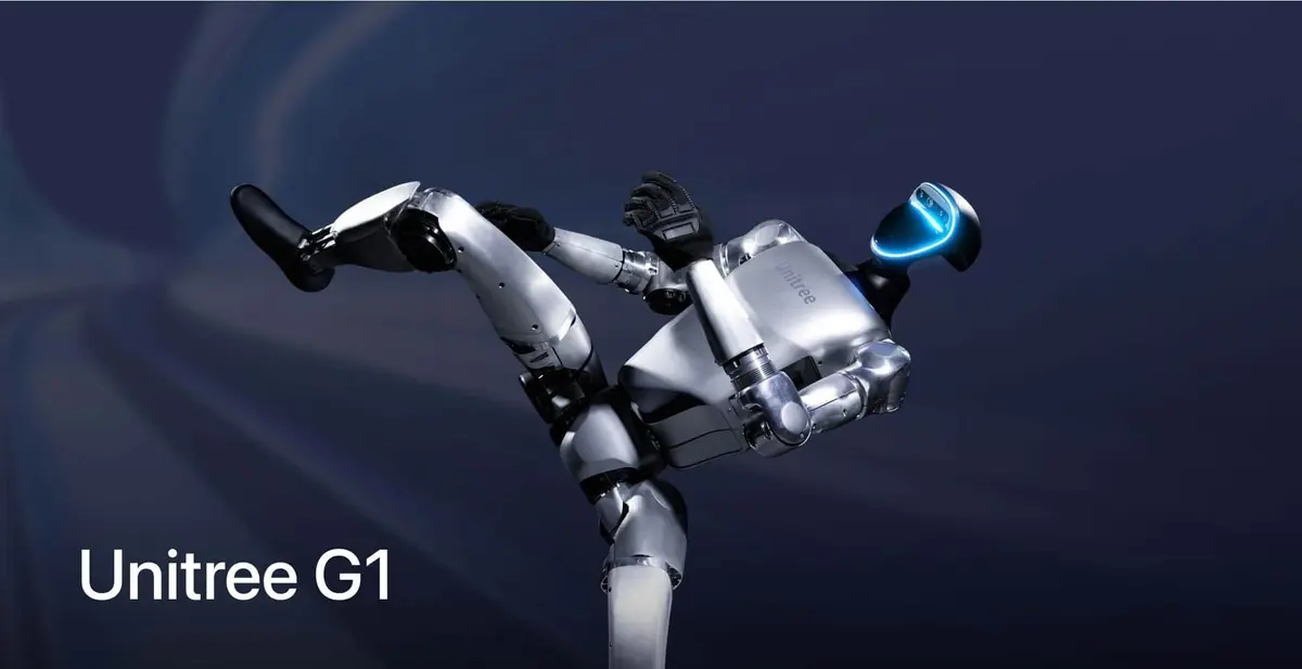 Supplied Unitree G1 humanoid robot artwork showing the robot performing a dynamic martial-arts pose against a dark blue background.