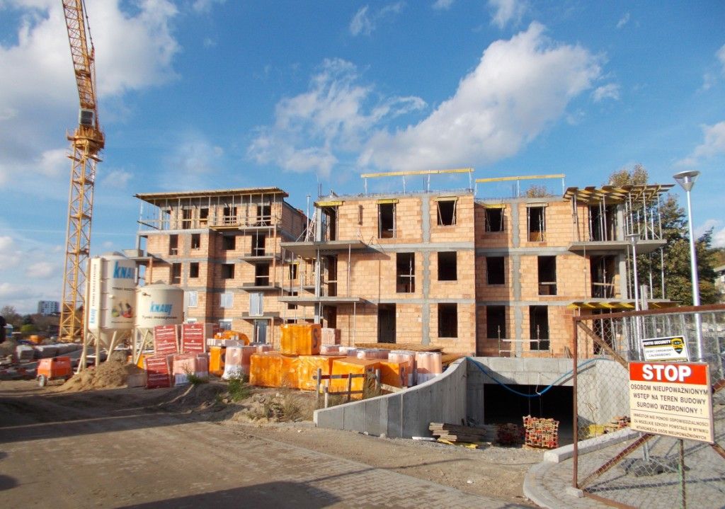 Plac budowy z wieloma wznoszonymi budynkami z cegły, wysokim dźwigiem i materiałami budowlanymi pod błękitnym niebem.