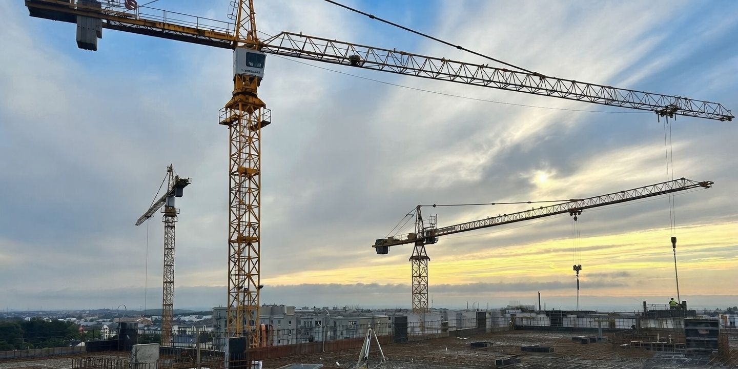 żurawie wieżowe oraz budynki w trakcie budowy