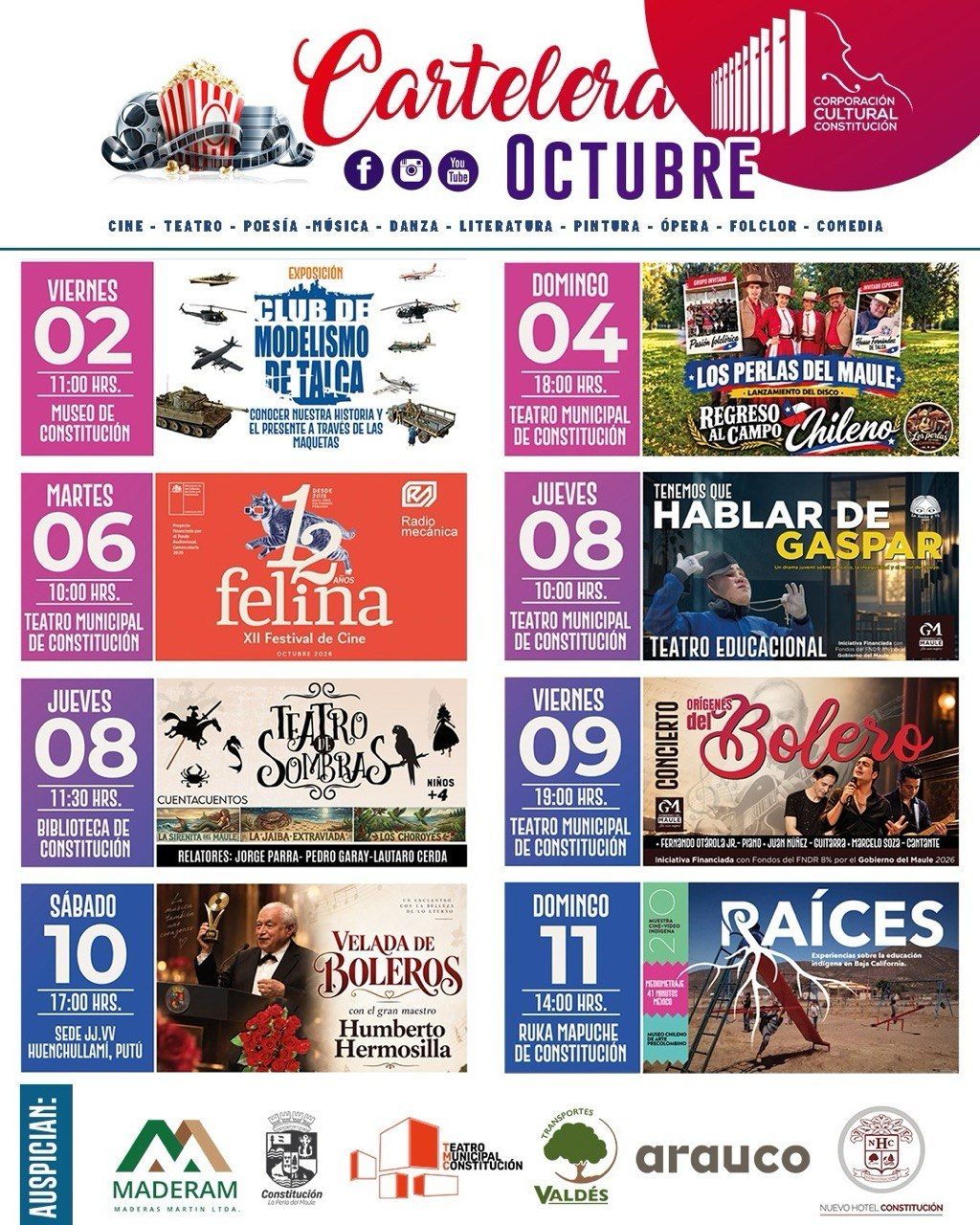 Octubre cultural en Constitución: mes lleno de música, teatro y cine gratis