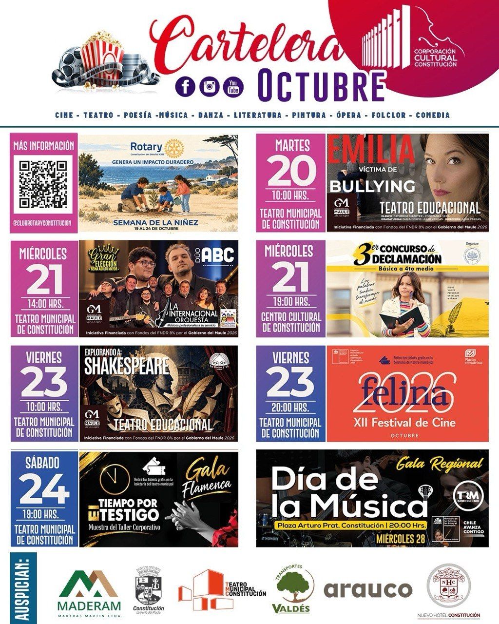 Octubre cultural en Constitución: mes lleno de música, teatro y cine gratis