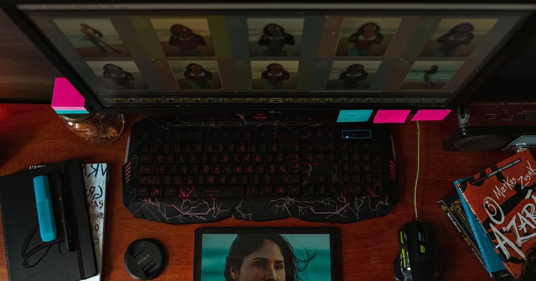 Imagen referencial: Vista superior de un espacio de trabajo creativo con un monitor, teclado y herramientas de edición de fotos sobre un escritorio de madera.