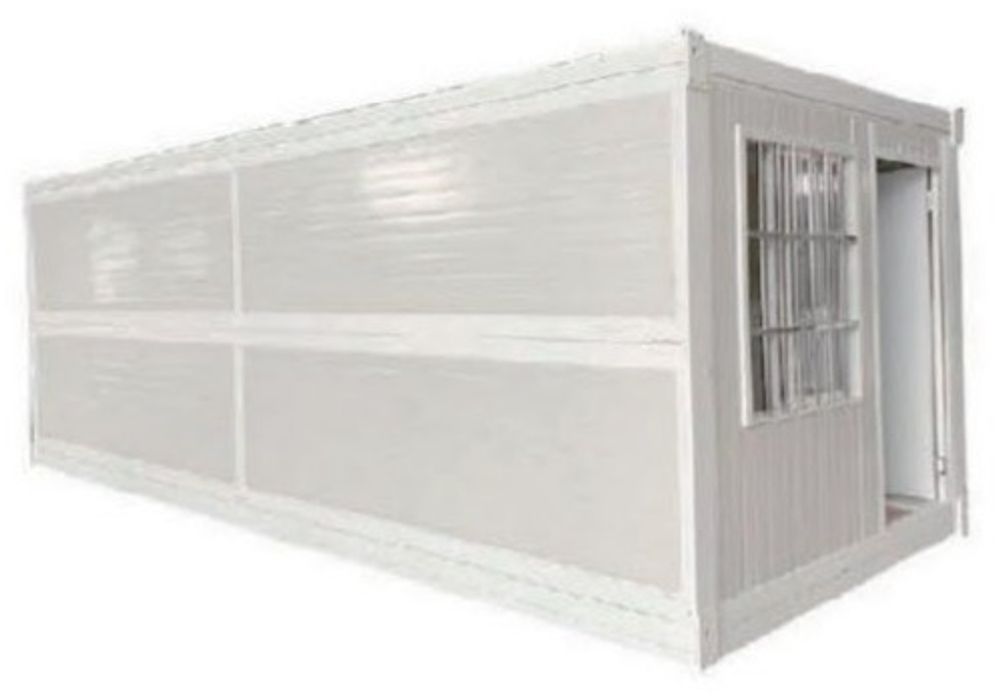 Das Containerhaus aufgebaut, mit Fenster an der Stirnseite.