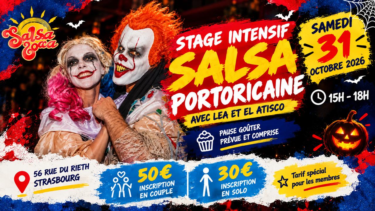 Affiche du stage intensif de salsa portoricaine avec Léa et El Astico, samedi 31 octobre 2026 de 15h à 18h, 56 rue du Rieth à Strasbourg