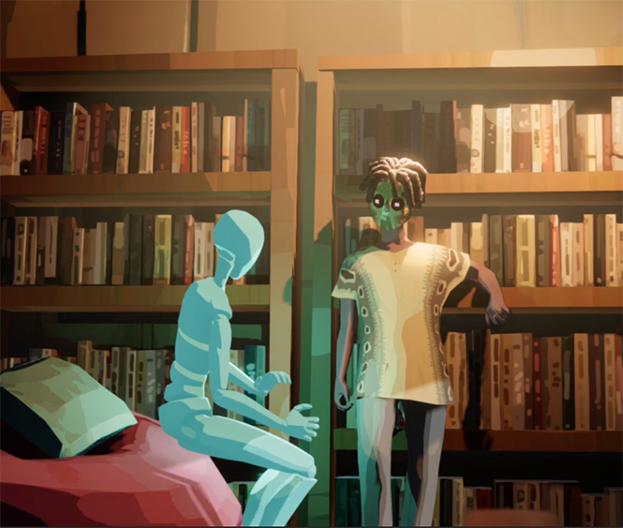 Avatar standing in front of a shelf in a library