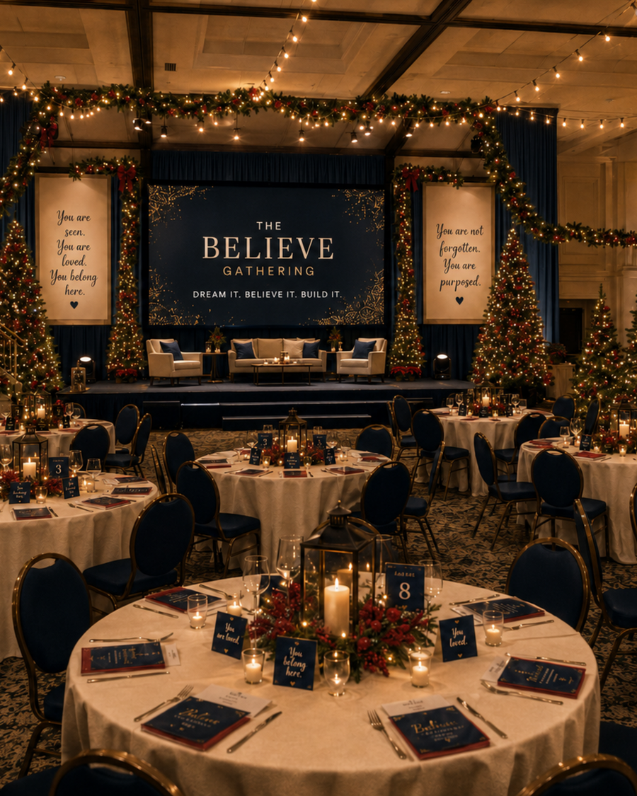 The Believe Gathering — a warm, candlelit Christmas banquet in navy and gold, with 'You are seen, you are loved, you belong here' banners