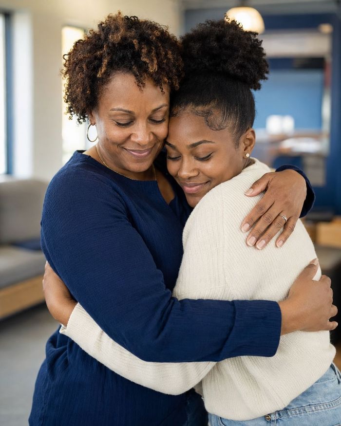 A woman warmly embracing a young adult in a comforting, supportive moment