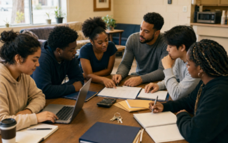 A mentor and young adults working together around a table on plans, goals, and life skills