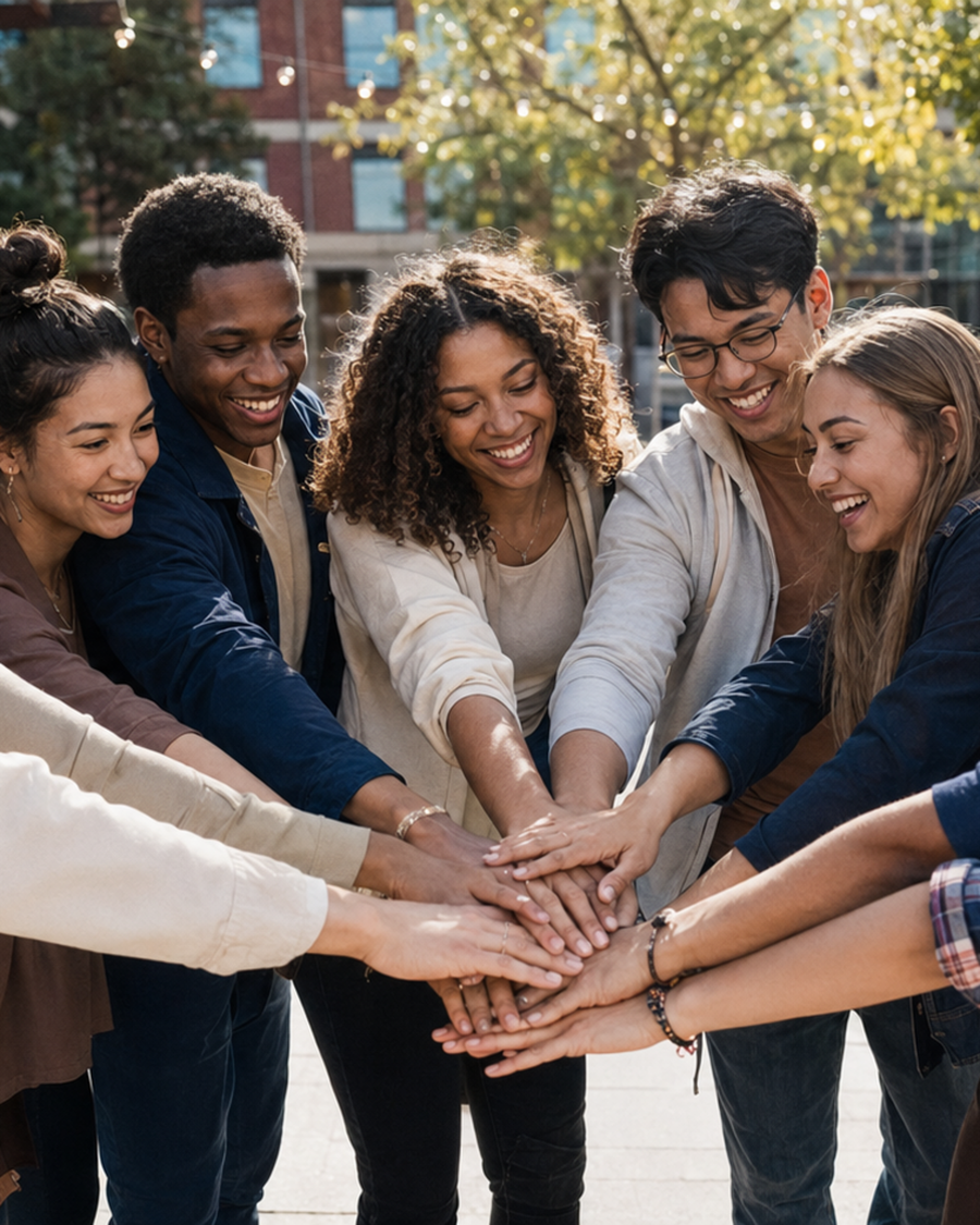 A diverse group of young adults joining hands together, smiling — a hopeful, welcoming moment