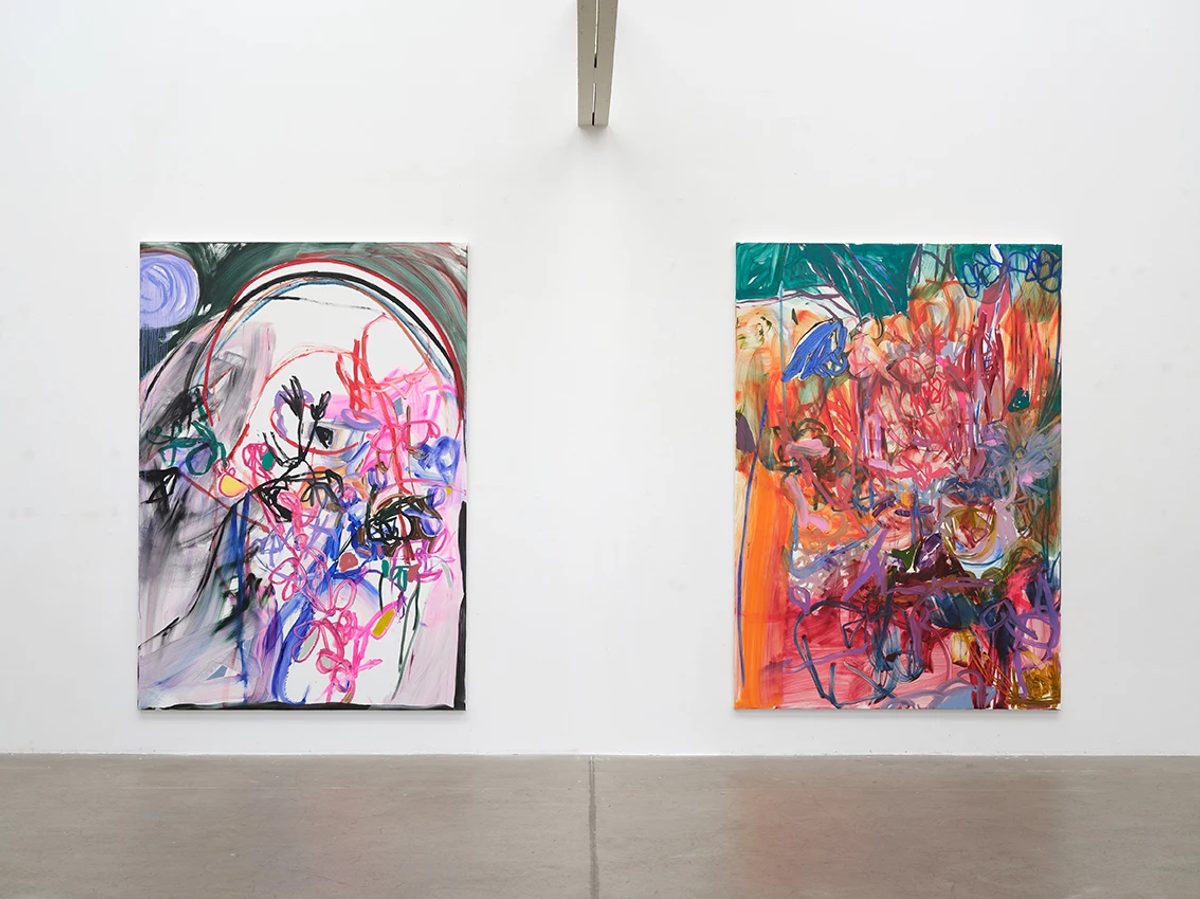 Two colourful abstract paintings by Jadé Fadojutimi on white walls at the Michael Horbach Foundation.