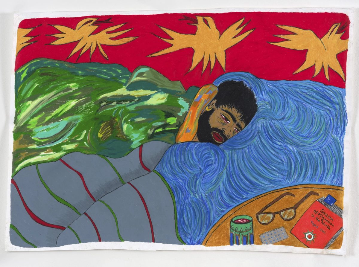 Soufiane Ababri’s coloured-pencil drawing Grande fatigue II: a reclining figure beneath a red sky, beside a table with a book and glasses.