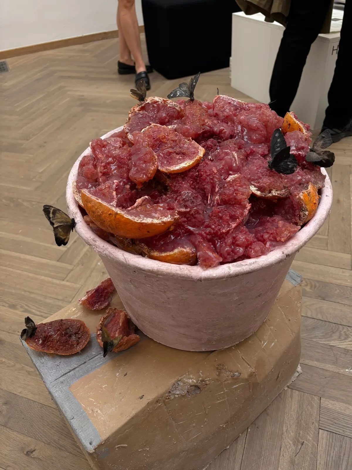 A sculpture of decaying pink grapefruit in a pot, with butterflies resting on the fruit.