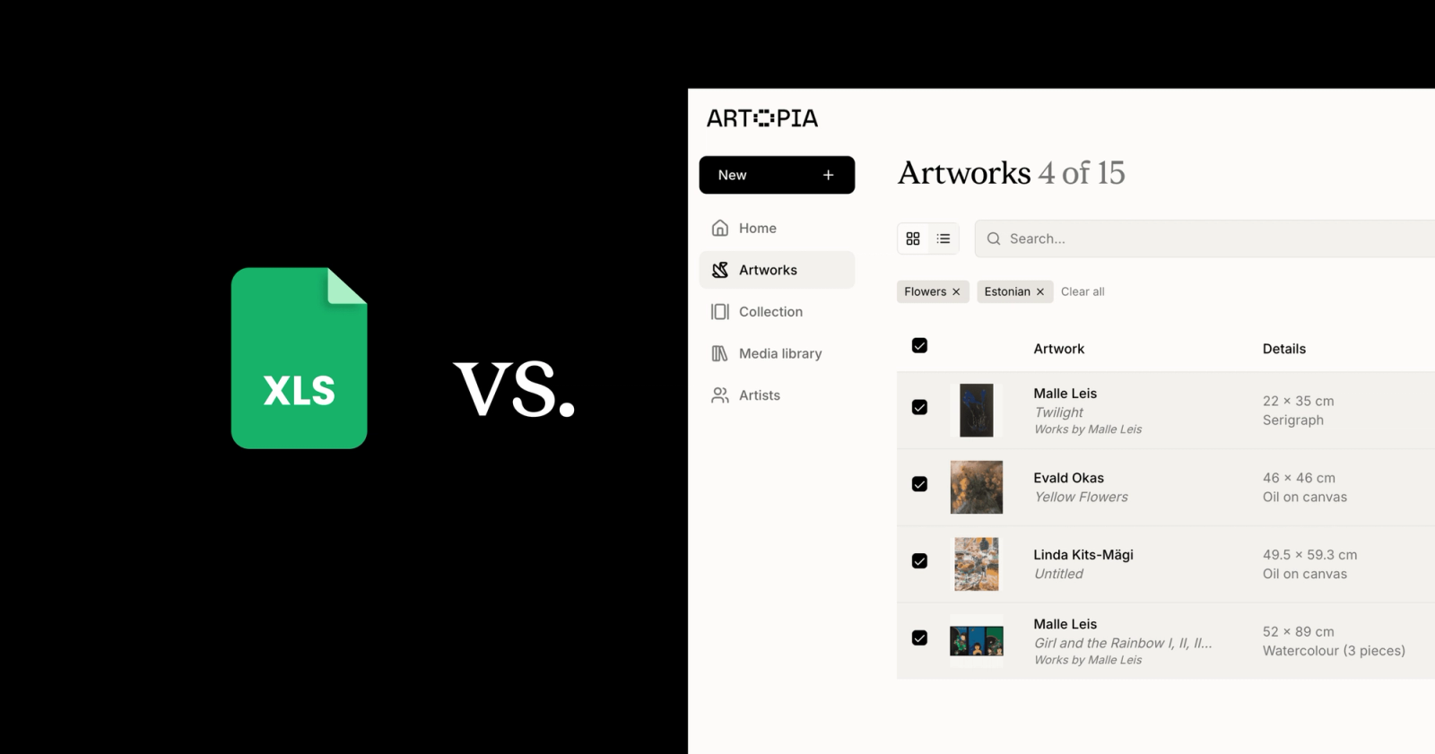 Spreadsheet file icon compared with an Artopia artwork inventory screenshot.
