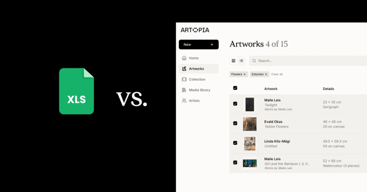 Spreadsheet file icon compared with an Artopia artwork inventory screenshot.