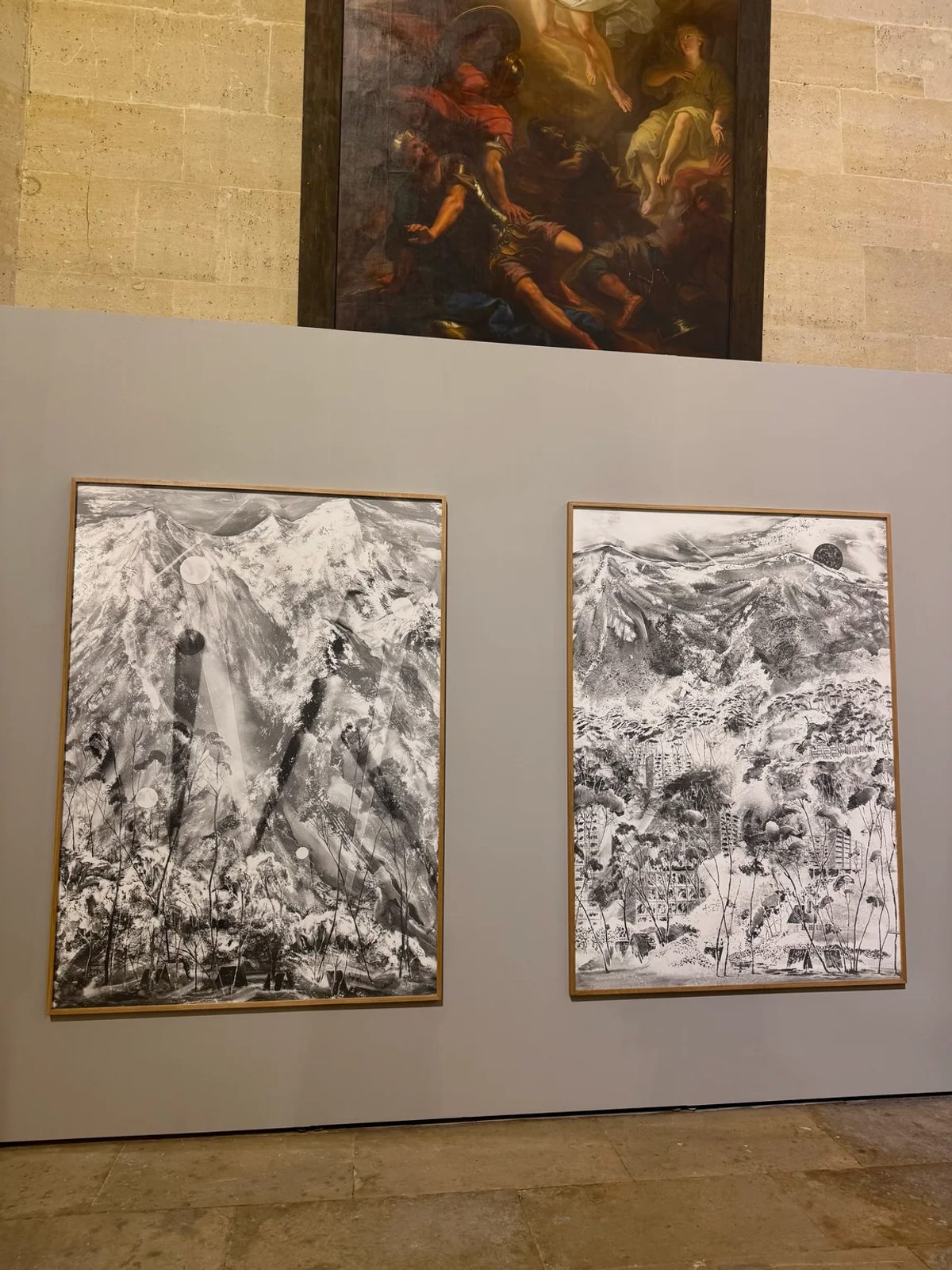 Two framed monochrome landscape photograms by Josef Achrer displayed on a chapel exhibition wall at OFFSCREEN.
