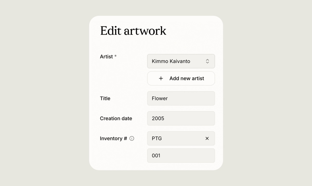 Artopia Edit artwork form with an Inventory # field.