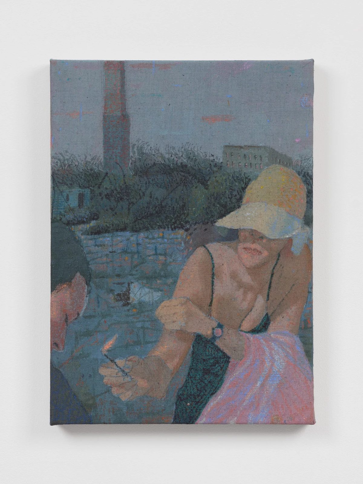 Sasha Brodsky’s Bather, 2026, showing a figure wearing a sunhat beside water in muted blue and pink tones.