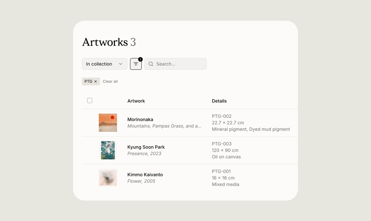 Artopia artwork list displaying inventory numbers beside artwork thumbnails and titles.