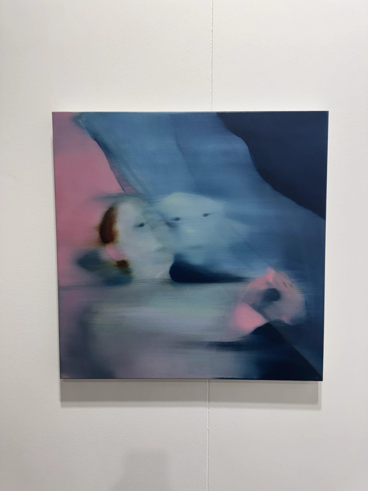Cathleen Clarke’s Semblance, 2026, a figurative painting in blue and pink tones at Margot Samel Gallery’s Riga Contemporary booth.