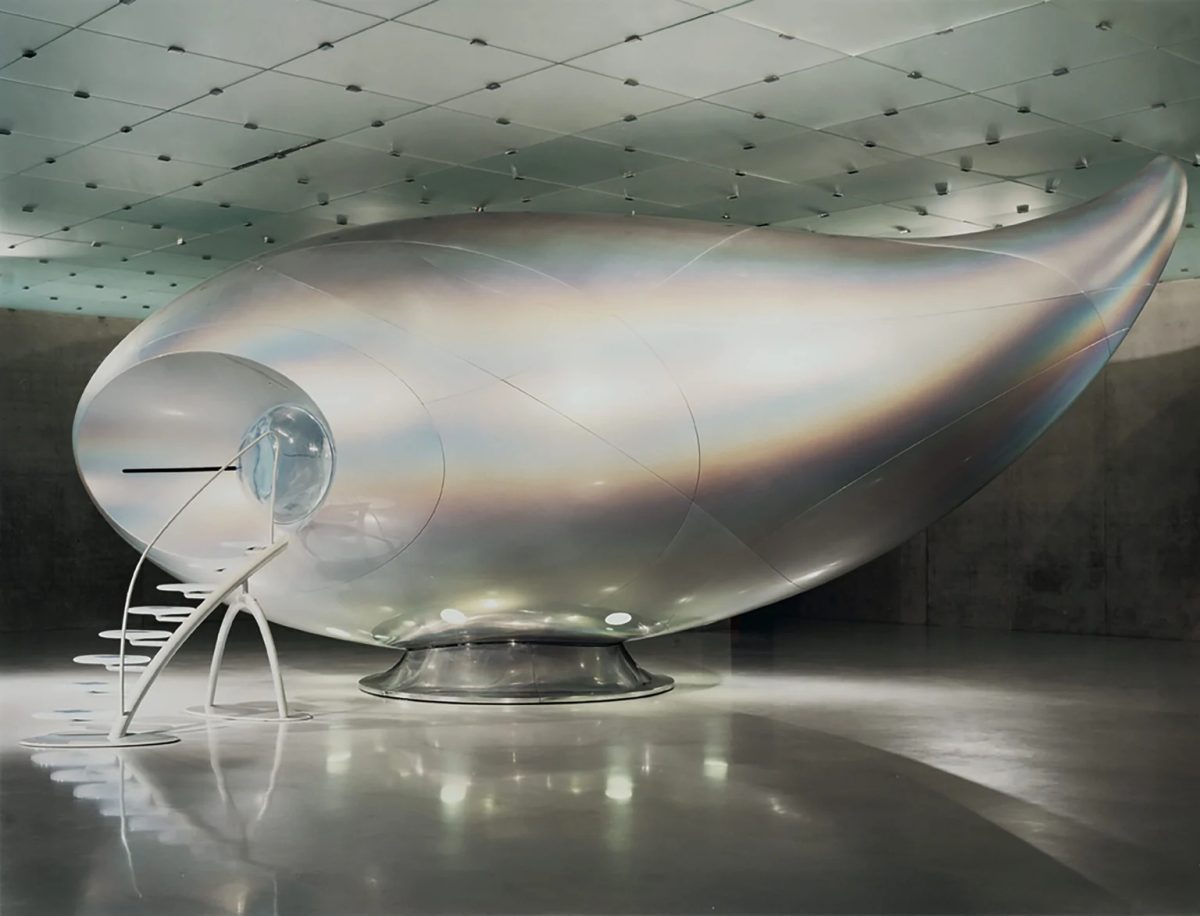 Mariko Mori’s pearlescent Wave UFO installation at Kunsthaus Bregenz, Austria, in 2003.