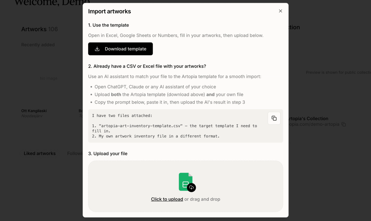Artopia Import artworks dialog with a download template button, CSV instructions and file upload area.