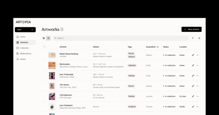 Artopia artwork inventory showing thumbnails and collection details in list view.