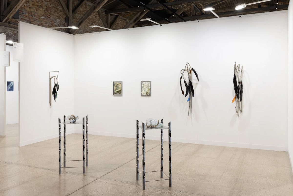 Sculptures and wall-mounted works by Karlīna Mežecka at Kim? Contemporary Art Centre’s Riga Contemporary booth.
