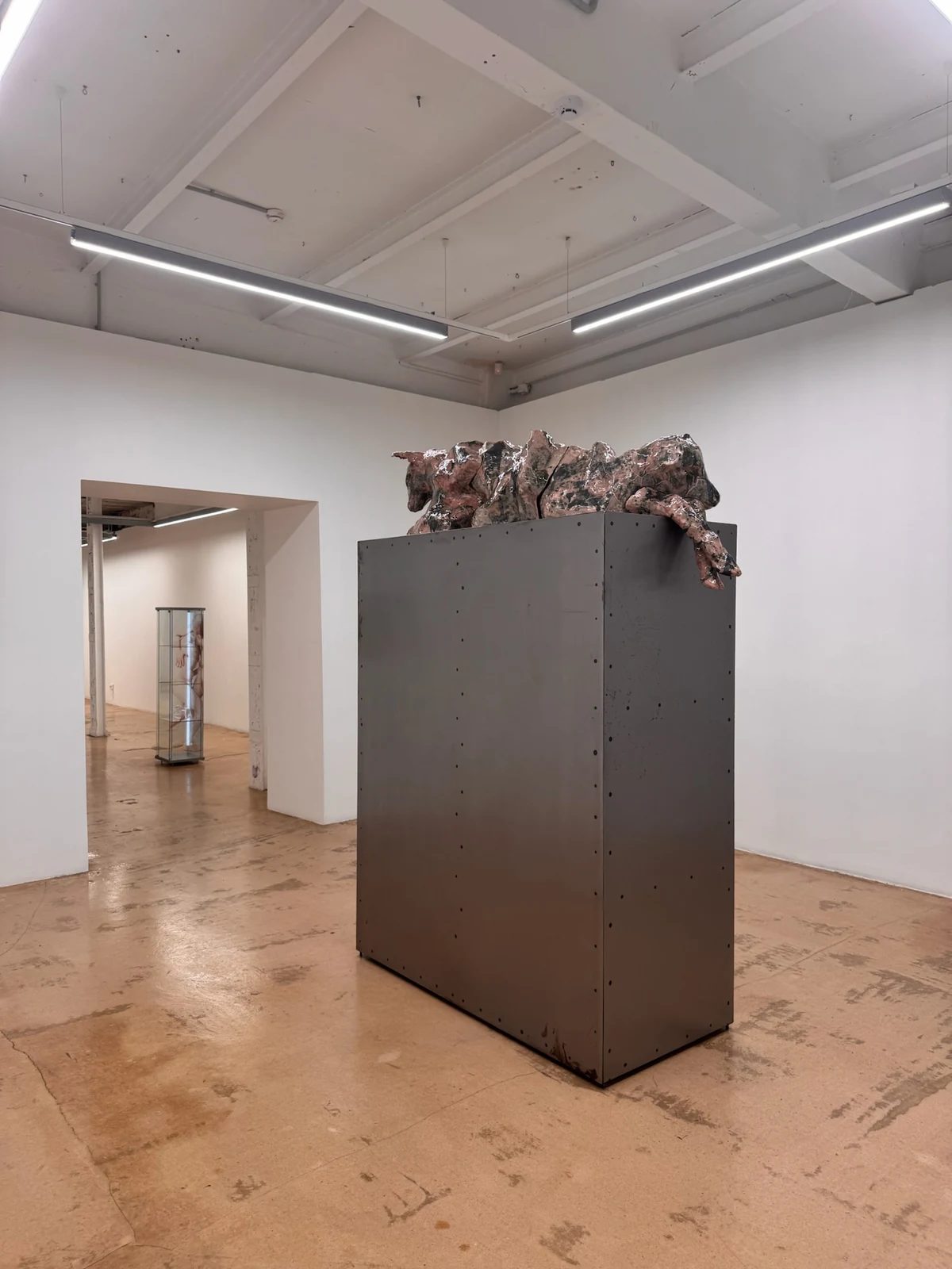 An organic sculpture resting on a tall metal plinth in Karlīna Mežecka’s Stare Up At Me exhibition at Kim? Contemporary Art Centre.