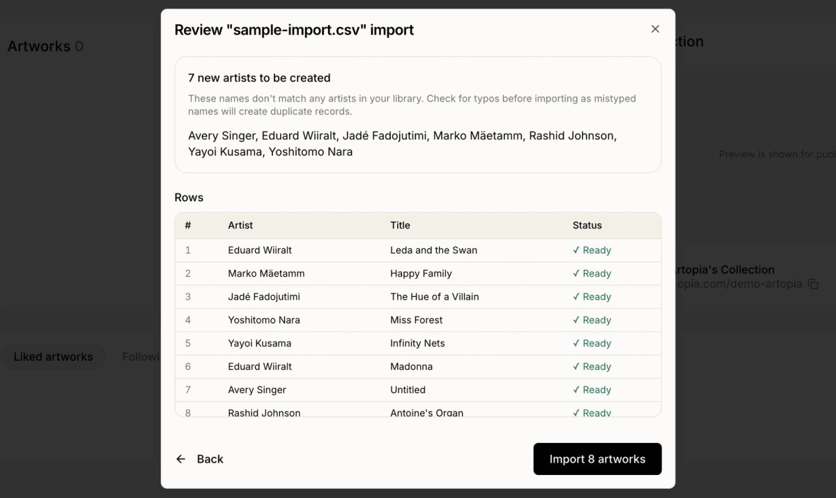 Artopia import review showing artwork rows, validation statuses and an Import artworks button.