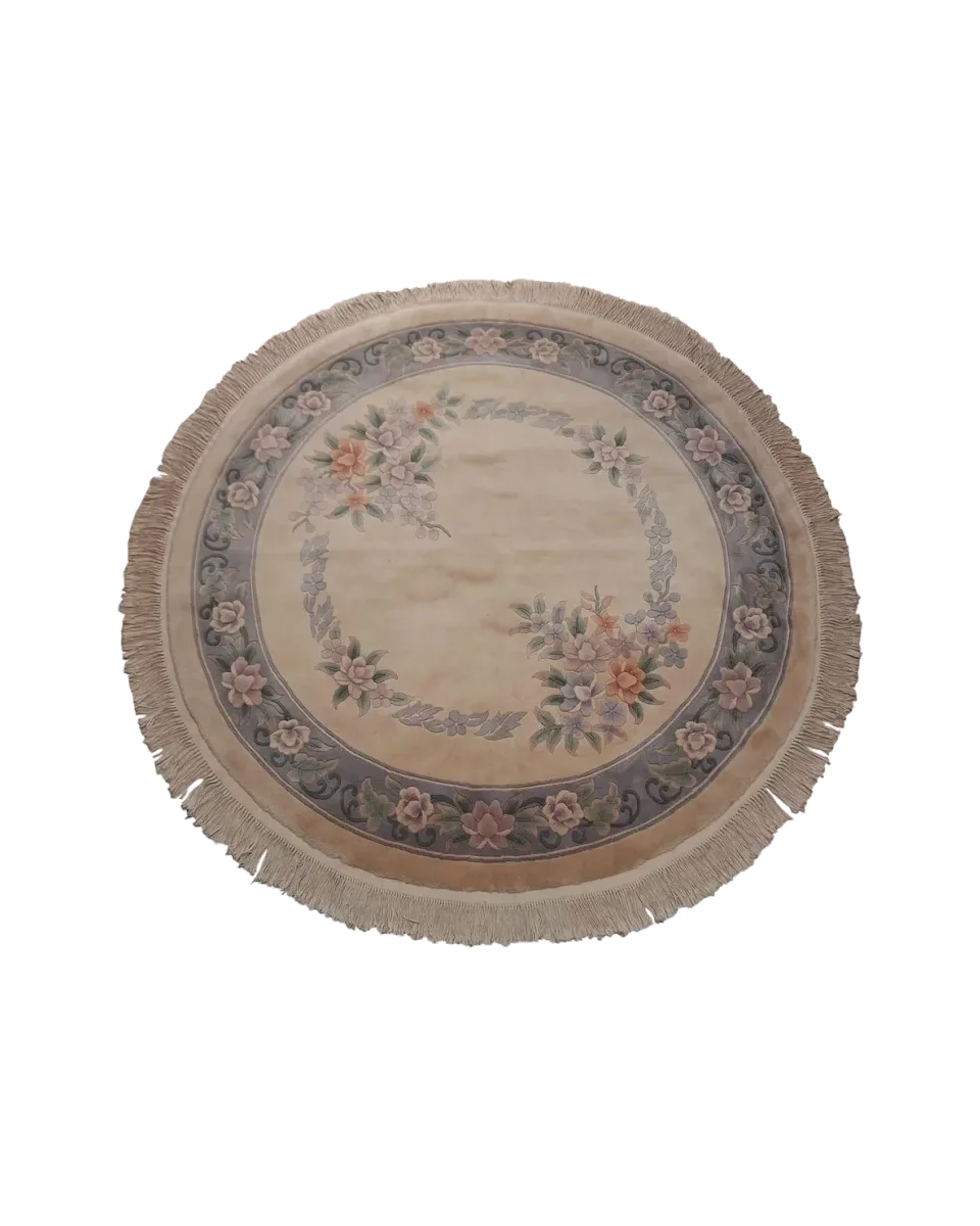 Vintage Round Chinese Floral Wool Rug With Sculpted Botanical Design & Fringe — photograph 1