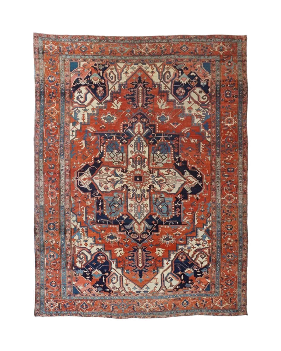 1880's Antique Serapi Rust Navy Blue and Ivory