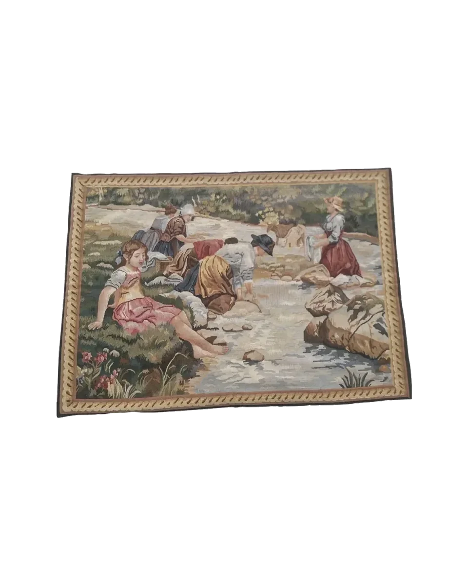 Vintage Handmade Chinese Pastoral Figural Tapestry Wall Hanging, 36" X 47" — photograph 1