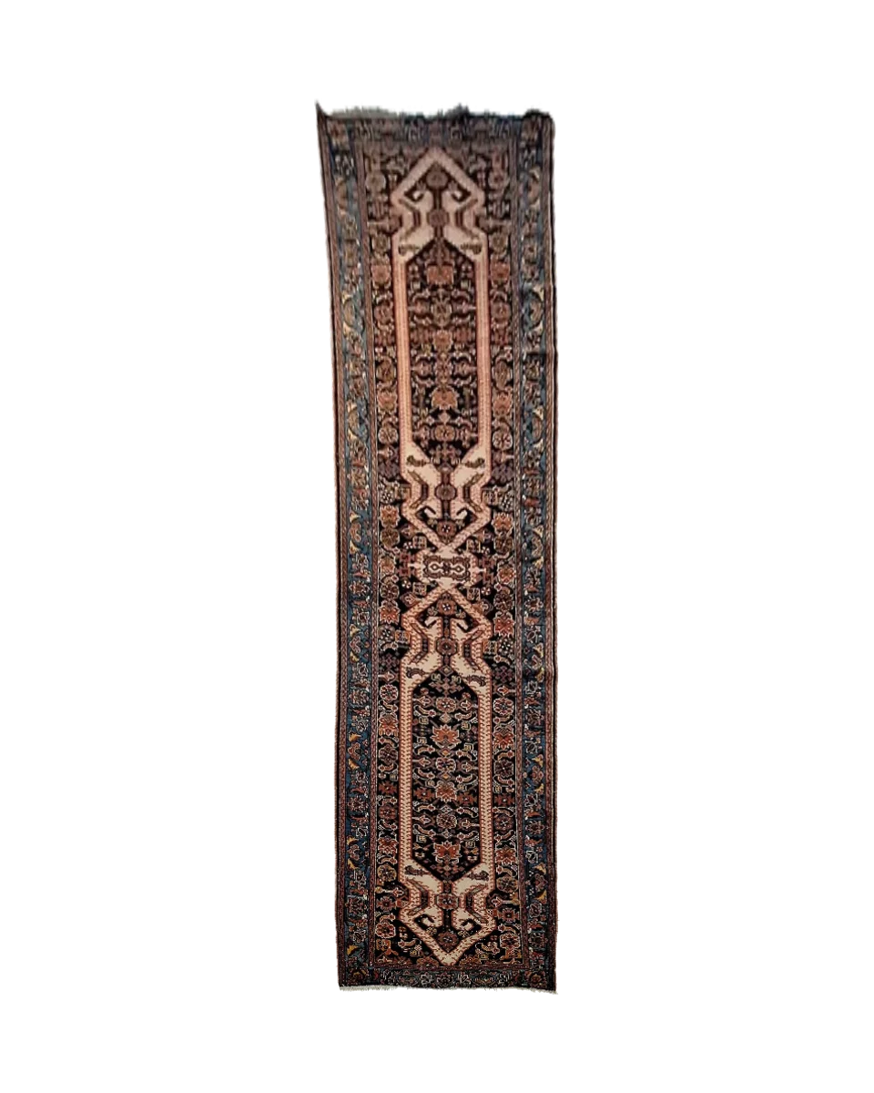 Vintage Northwest Persian Runner Blue and Terracotta Medaillon