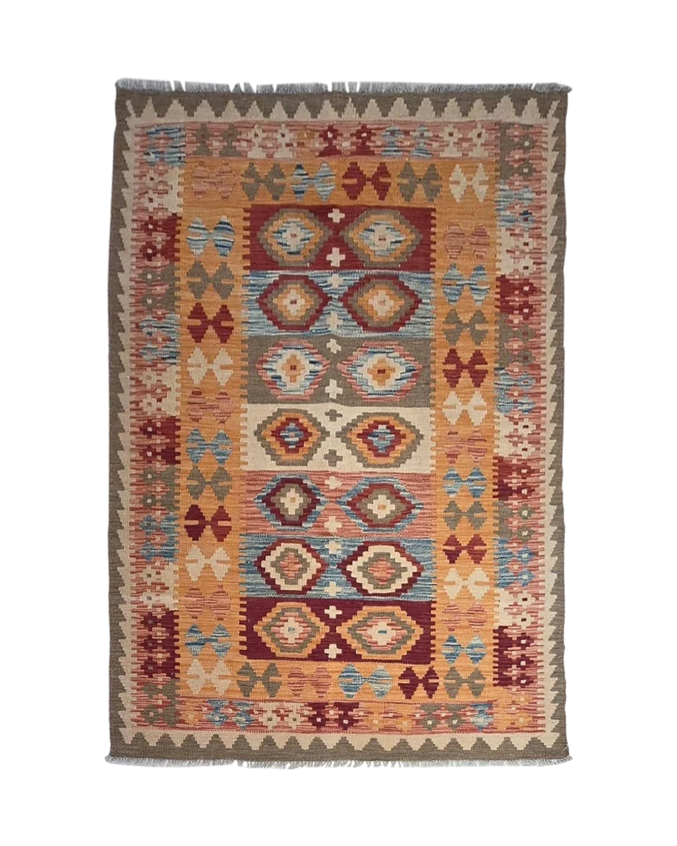 Vintage 1970s Afghan Maimana Kilim Rug – Rust, Mustard Gold, Burgundy & Dusty Blue – 4’ X 6’ — photograph 1