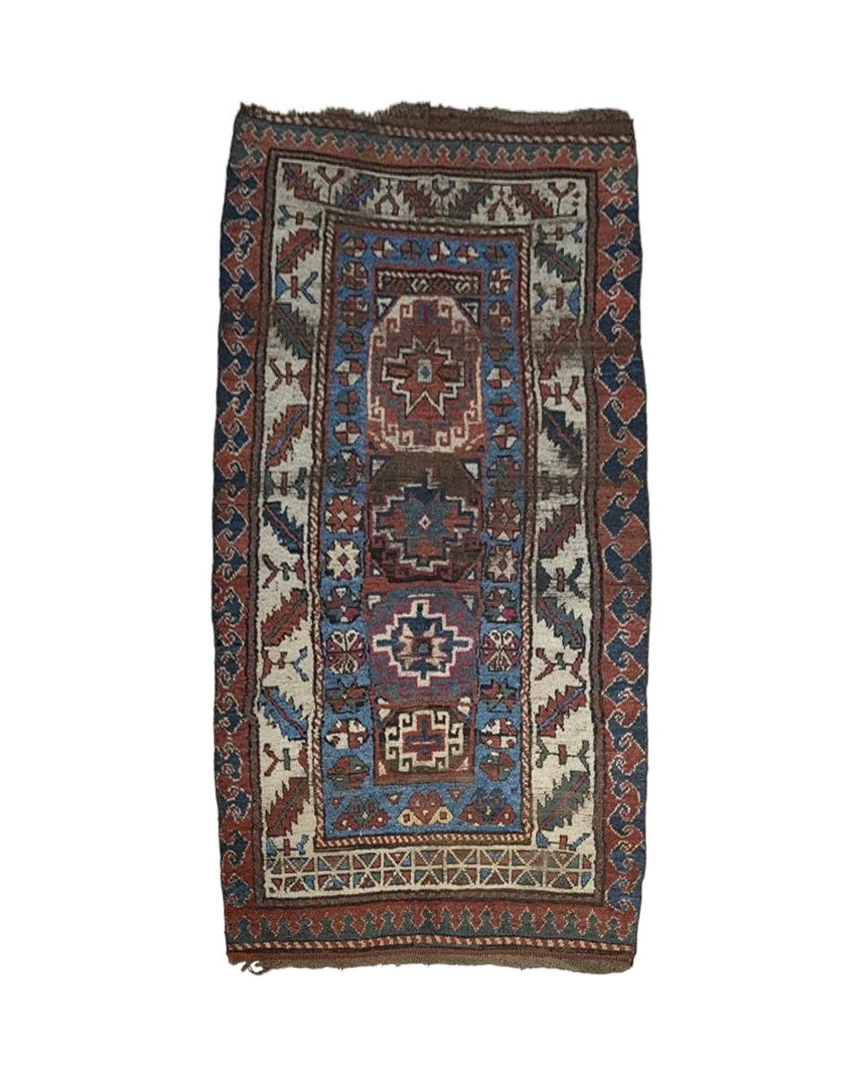 Antique Caucasian Kazak Wool Rug in Brick Red, Indigo & Ivory — photograph 1