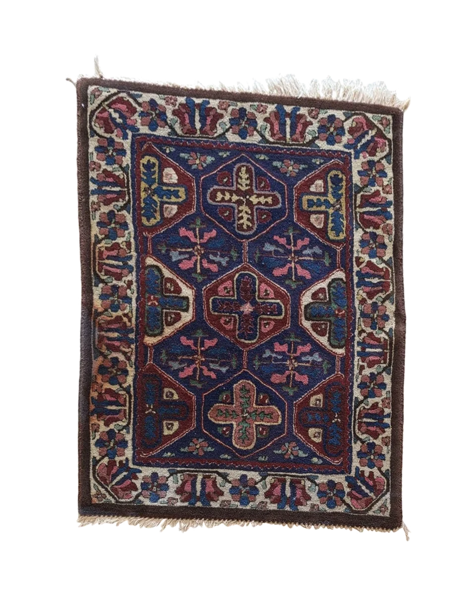 Vintage Hand-Knotted Wool Accent Rug With Floral & Geometric Motifs, 3’5” X 2’6” — photograph 1