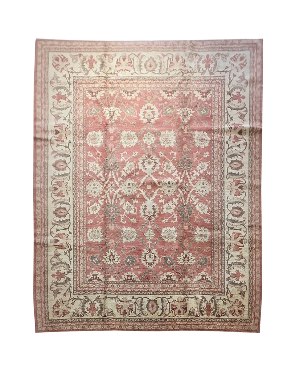 Vintage Salmon Oushak Wool Rug, Pakistan, Late 20th Century, 9’ X 11’5” — photograph 1