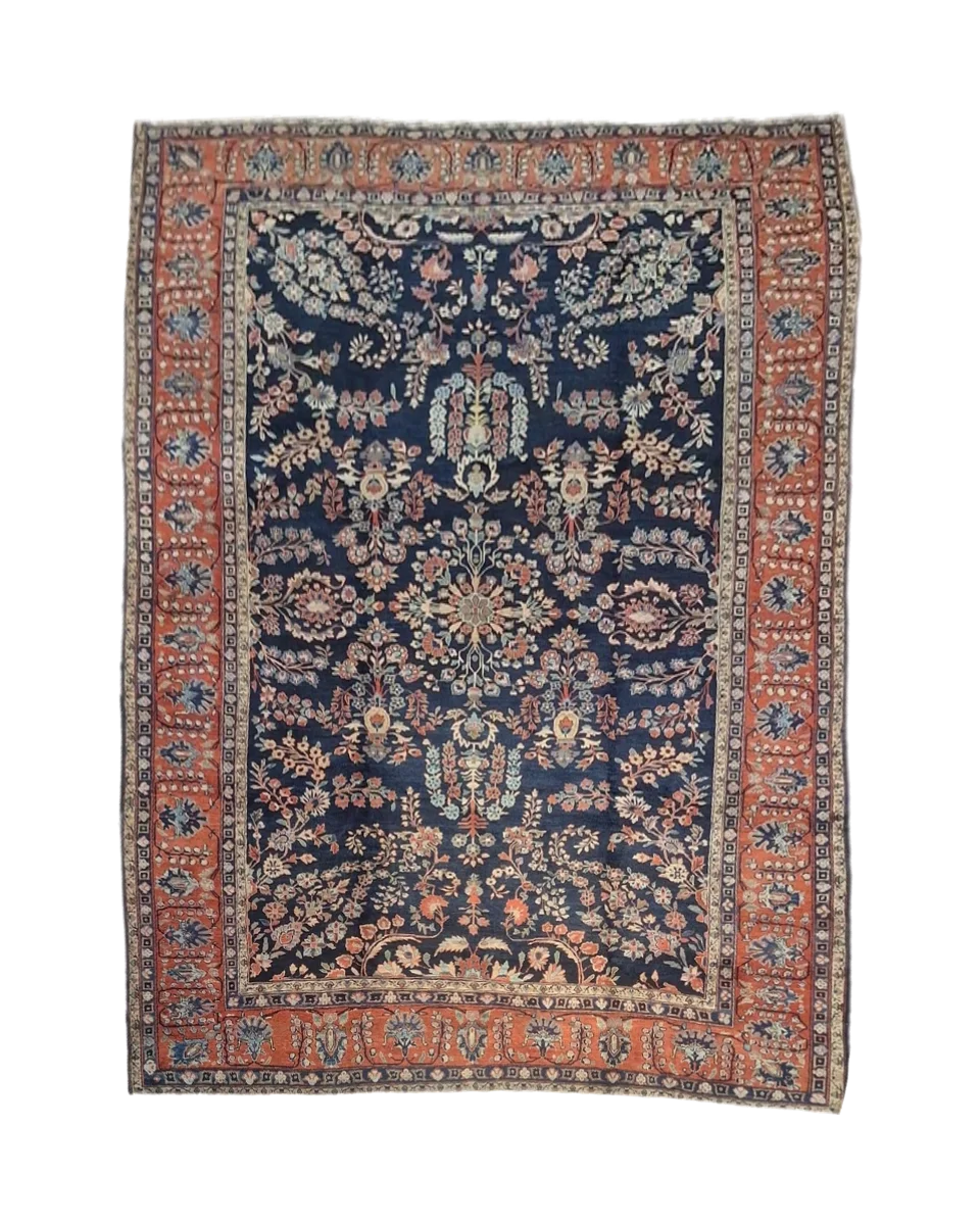 Antique Persian Sarouk Rug – Navy Field With Floral Garden Design – 8’8” × 11’7” — photograph 1