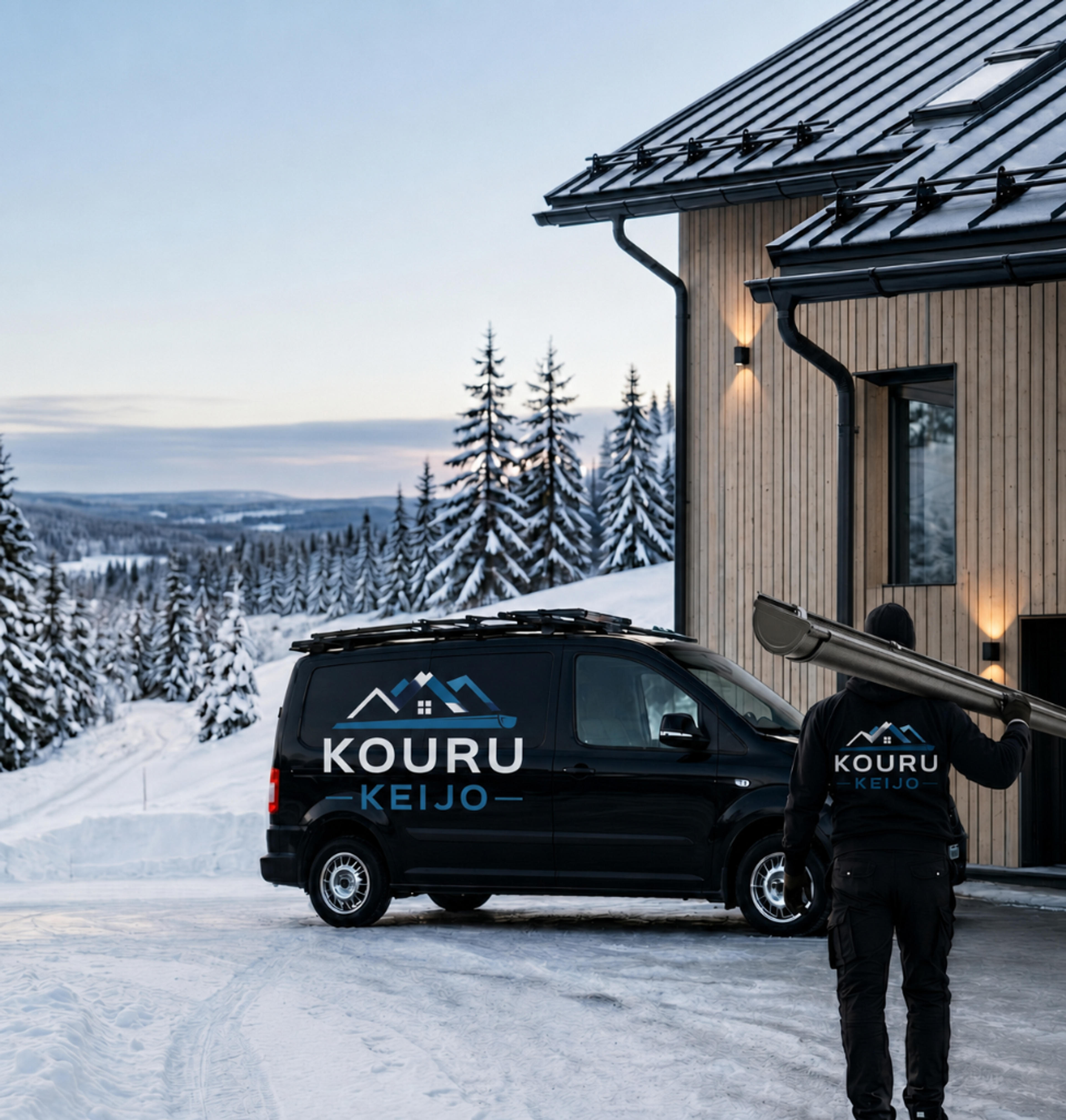 Kouru Keijo asennus talvitilanteessa — pakettiauto ja asentaja lumisessa ympäristössä
