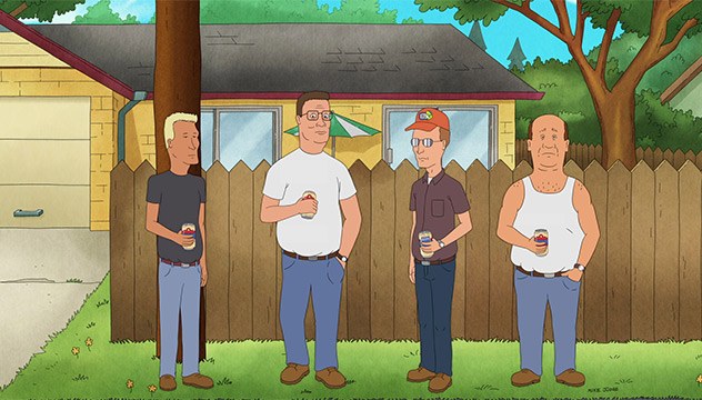 Boomhauer, Hank, Dale, and Bill standing in an alley in King of the Hill.
