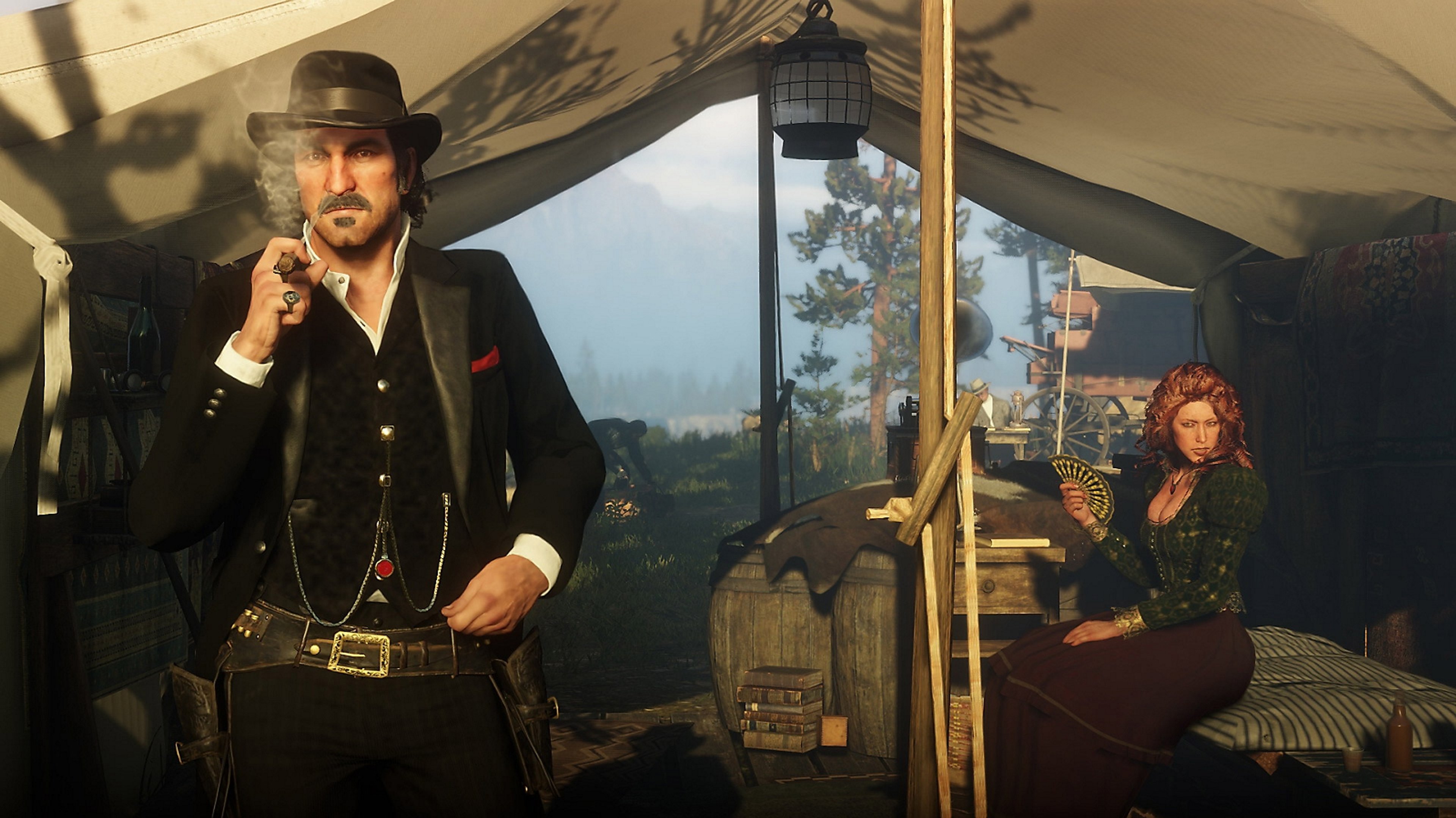 Dutch van der Linde and Molly O'Shea inside a tent in Red Dead Redemption 2.