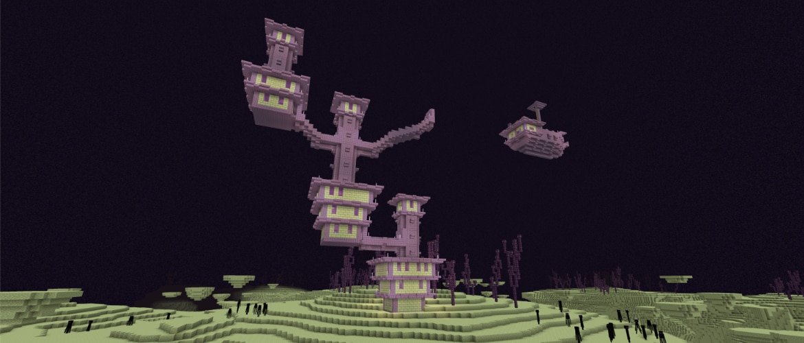 An End city and floating ship above the outer islands in Minecraft.