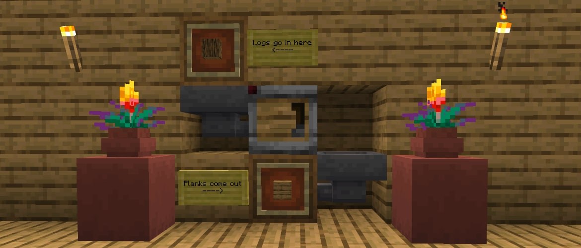 A Minecraft hopper and crafter setup moving logs through a small automatic system.